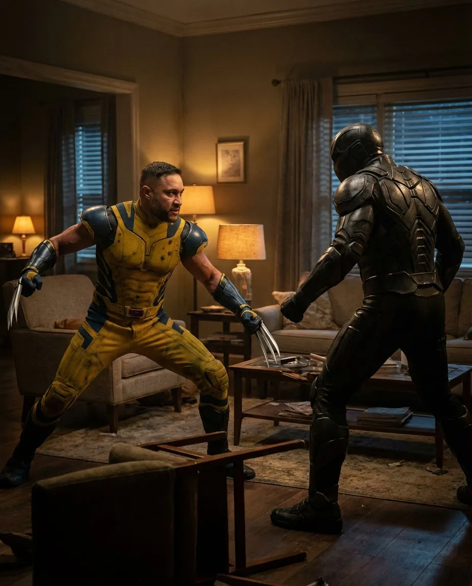 Cinematic Ultra-Realistic Action Duel in Dim Living Room, Character Face Reference