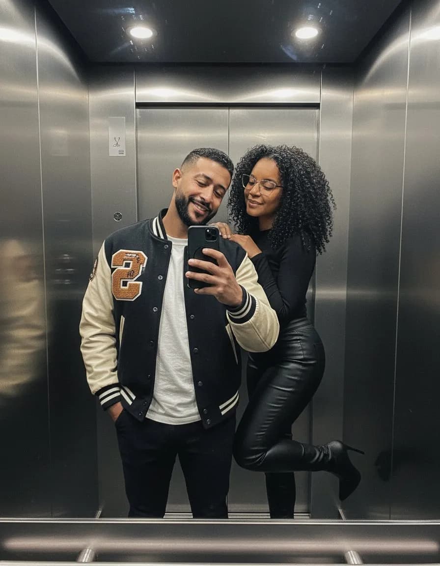 Cinematic Mirror Selfie with Varsity Bomber Jacket