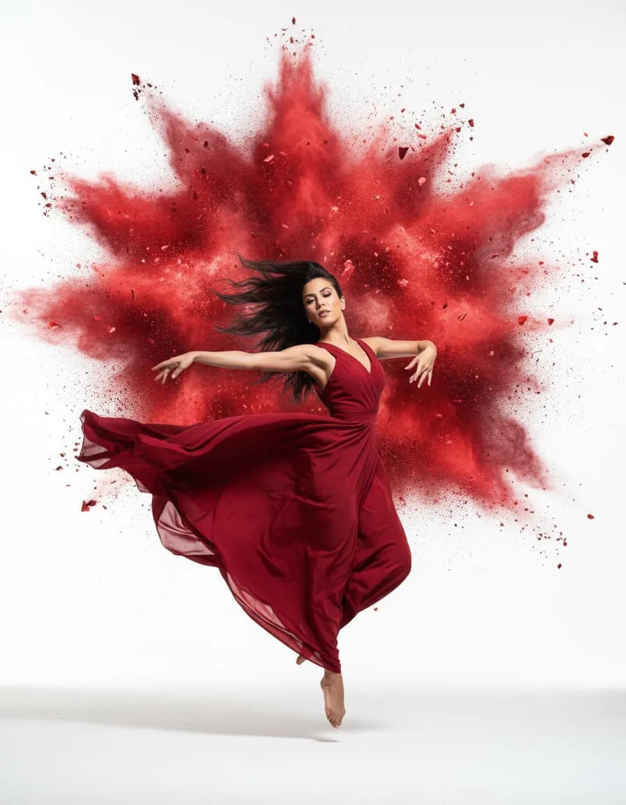 Cinematic Red Dust Explosion Dance Portrait in Minimal White Void