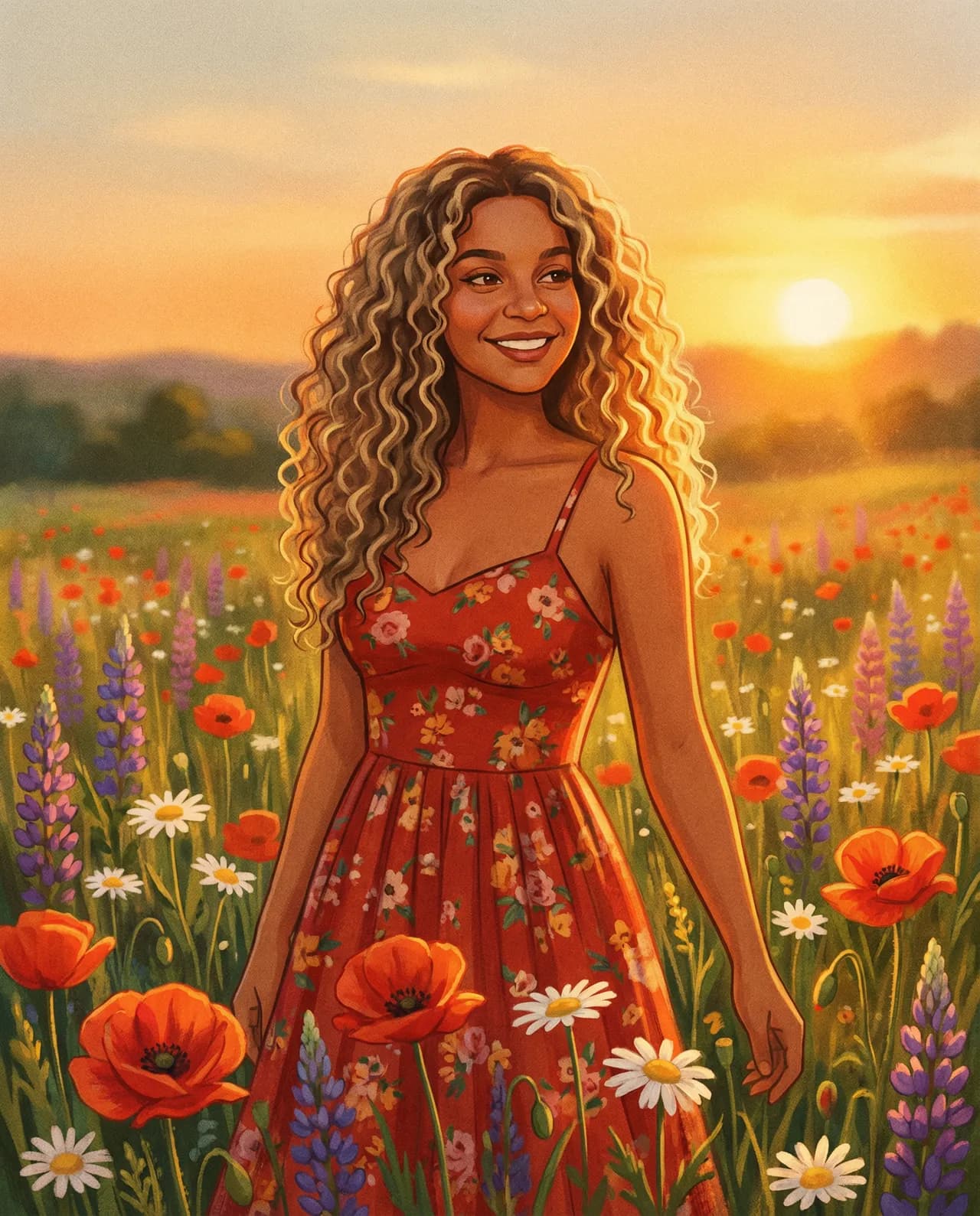 Retro 1970s Red Sundress Portrait in Wildflower Field at Golden Hour