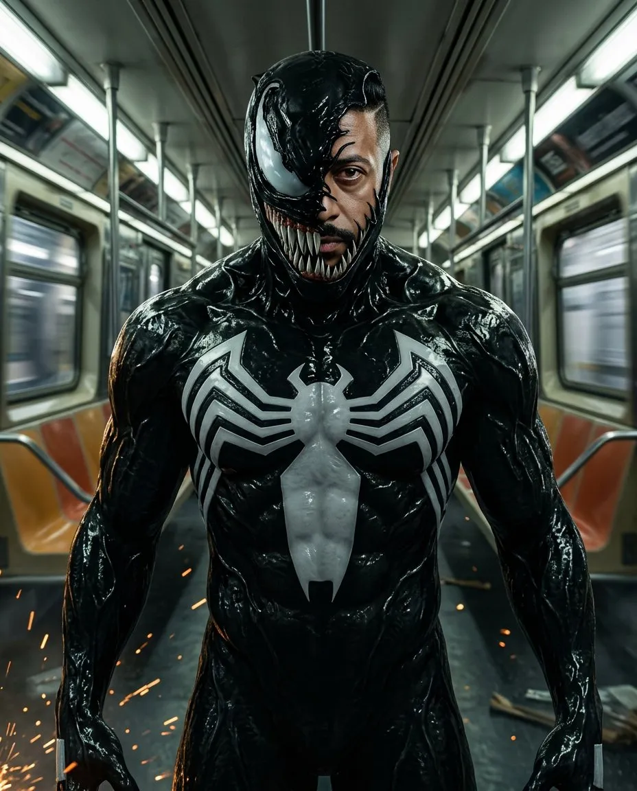 Cinematic Subway Portrait of Symbiotic Antihero in Photoreal Style