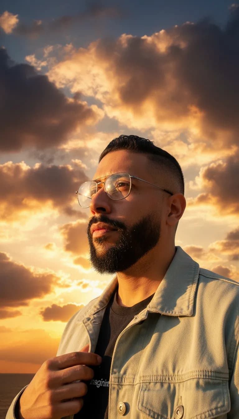 Cinematic Sunset Portrait with Heroic Low Angle Framing