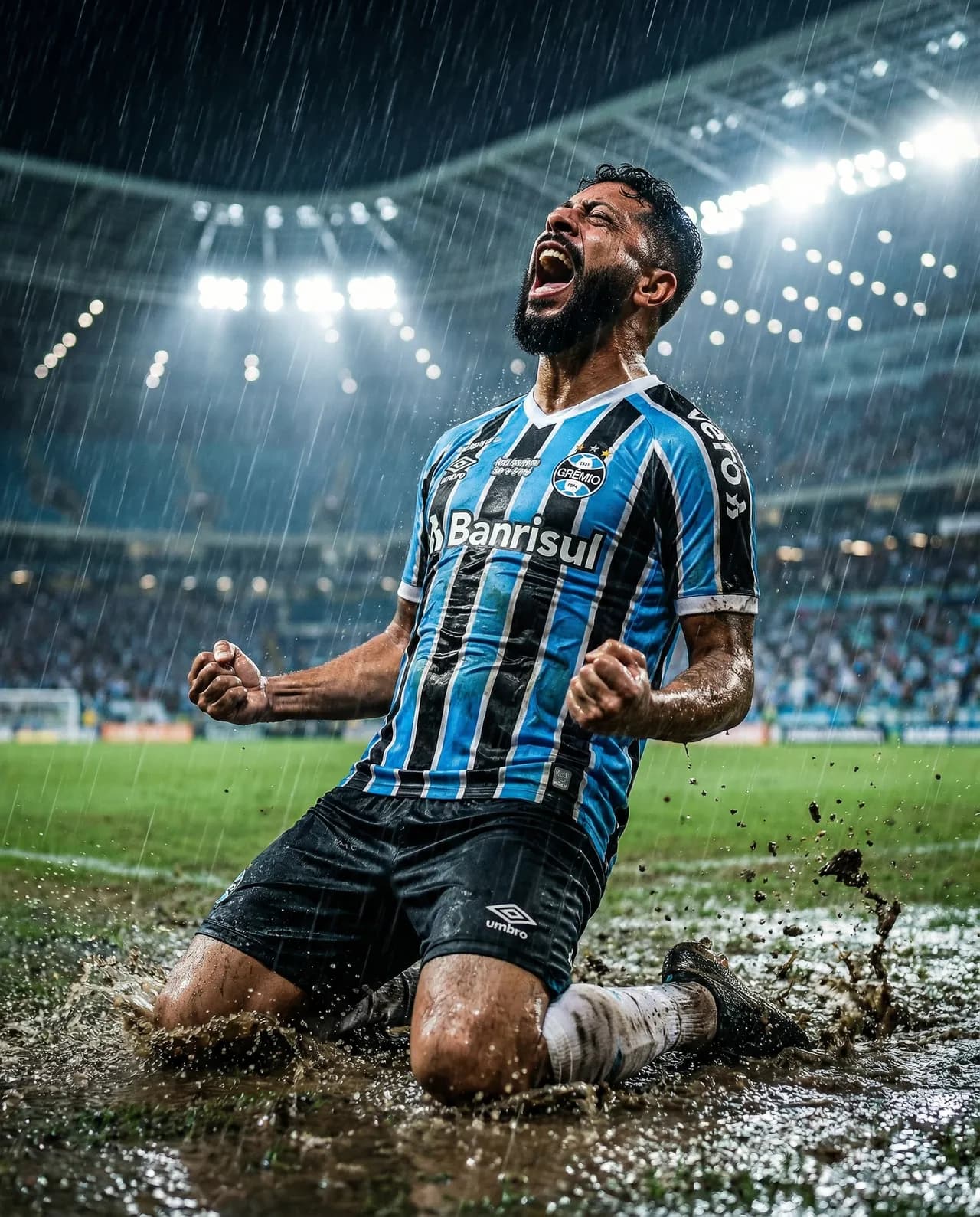 Cinematic Night Stadium Football Celebration in Heavy Rain