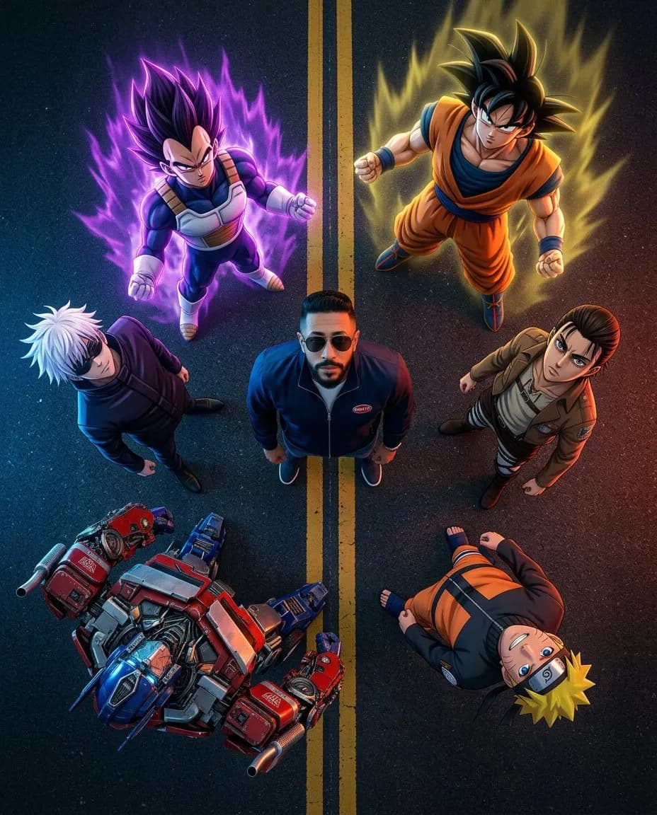 Cinematic Hybrid Real-Life + Anime Group Scene, Top-Down