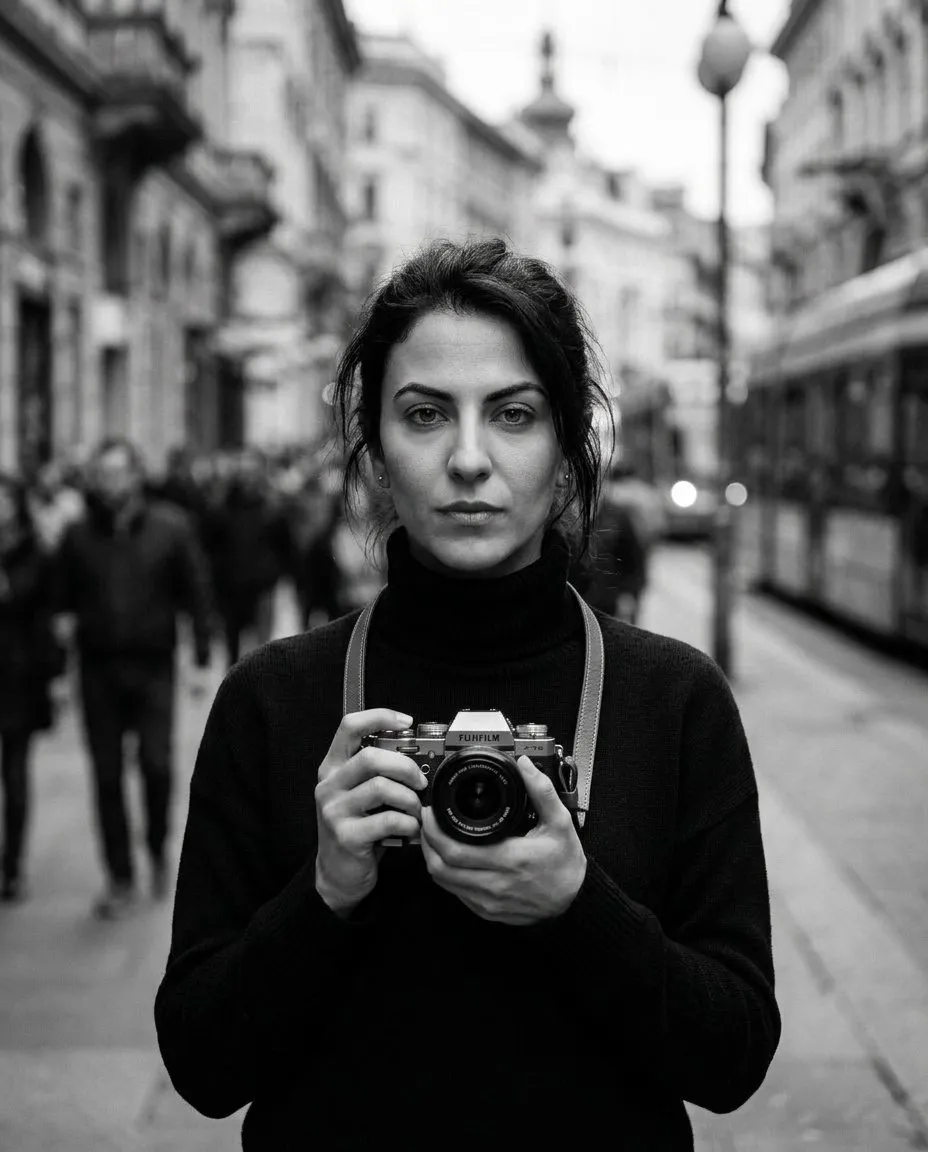 Cinematic Black-and-White Street Portrait, Moody Documentary Aesthetic