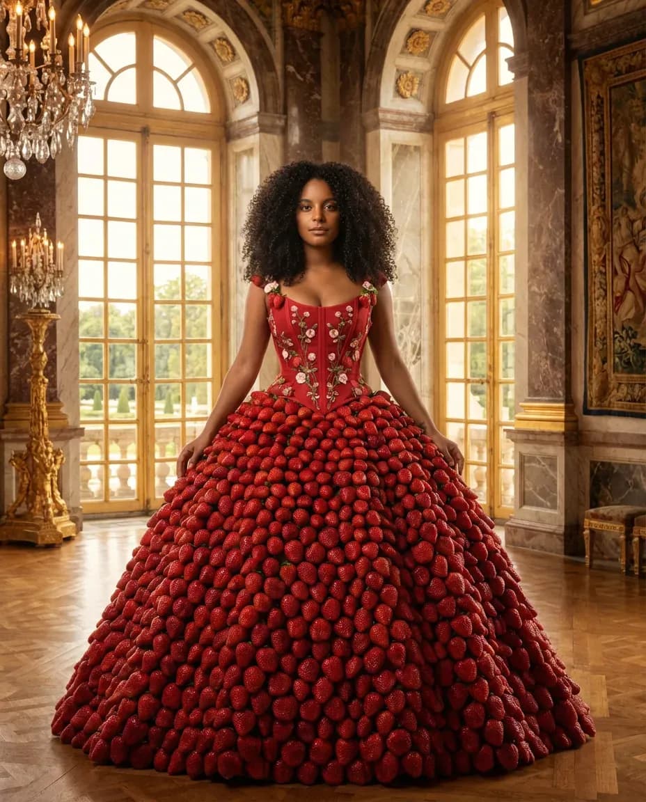 Cinematic Couture Portrait: Strawberry Gown in Grand Palace
