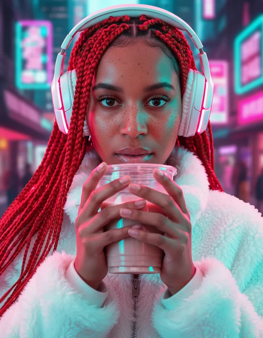 Cyberpunk Neon Close-Up Portrait of a Freckled Red-Haired Woman