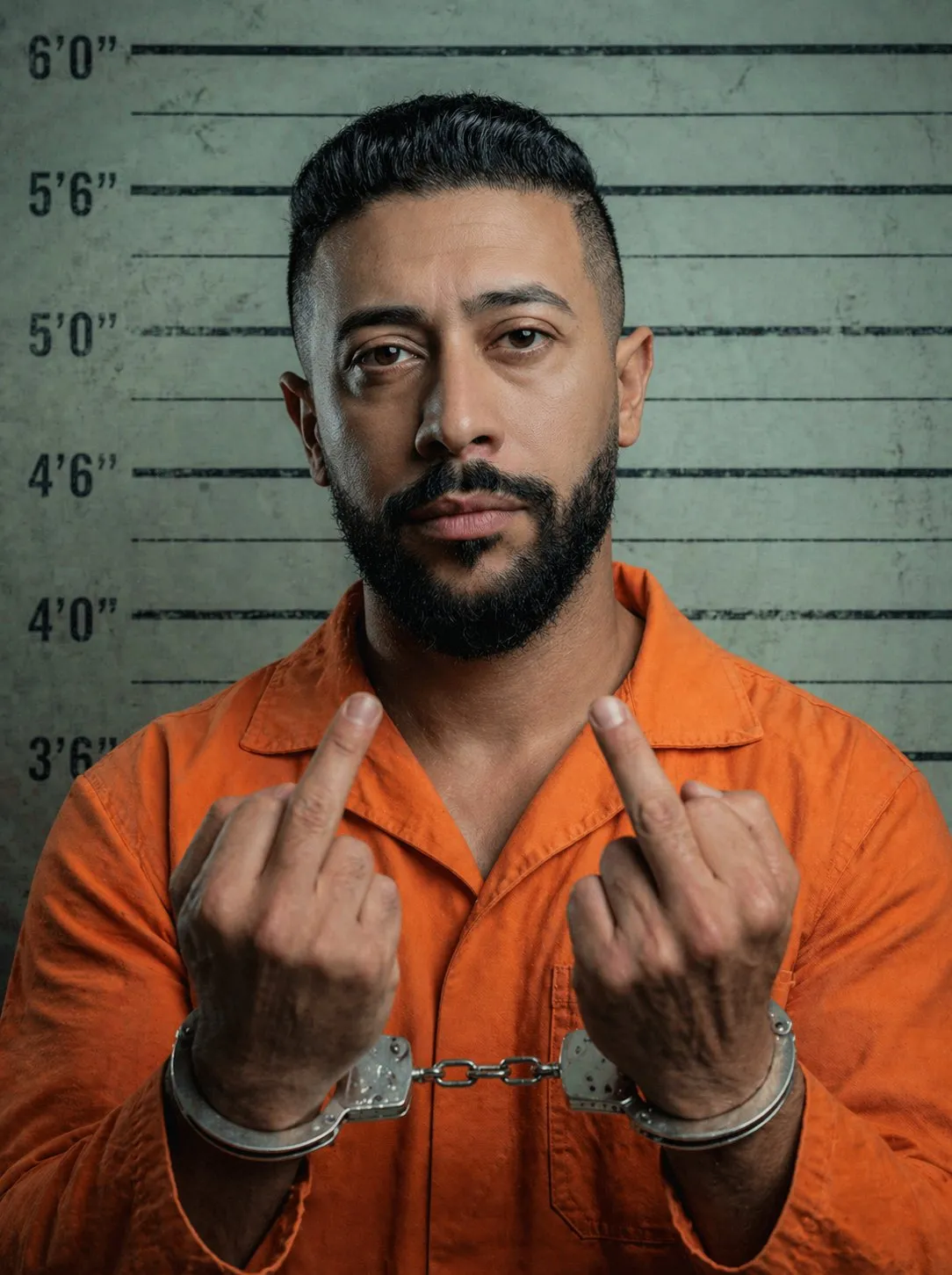 Defiant Mugshot Photorealistic Editorial Portrait, High Contrast