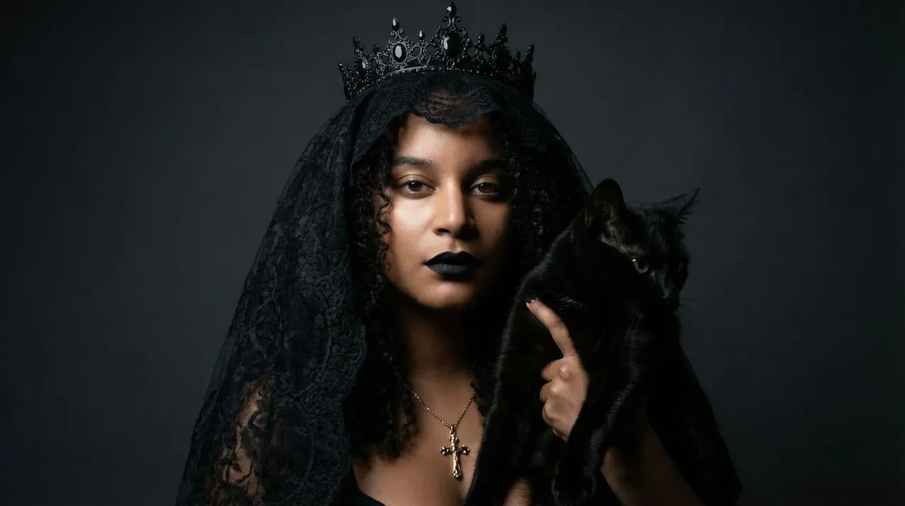 Moody Gothic Editorial Portrait with Crown and Black Cat