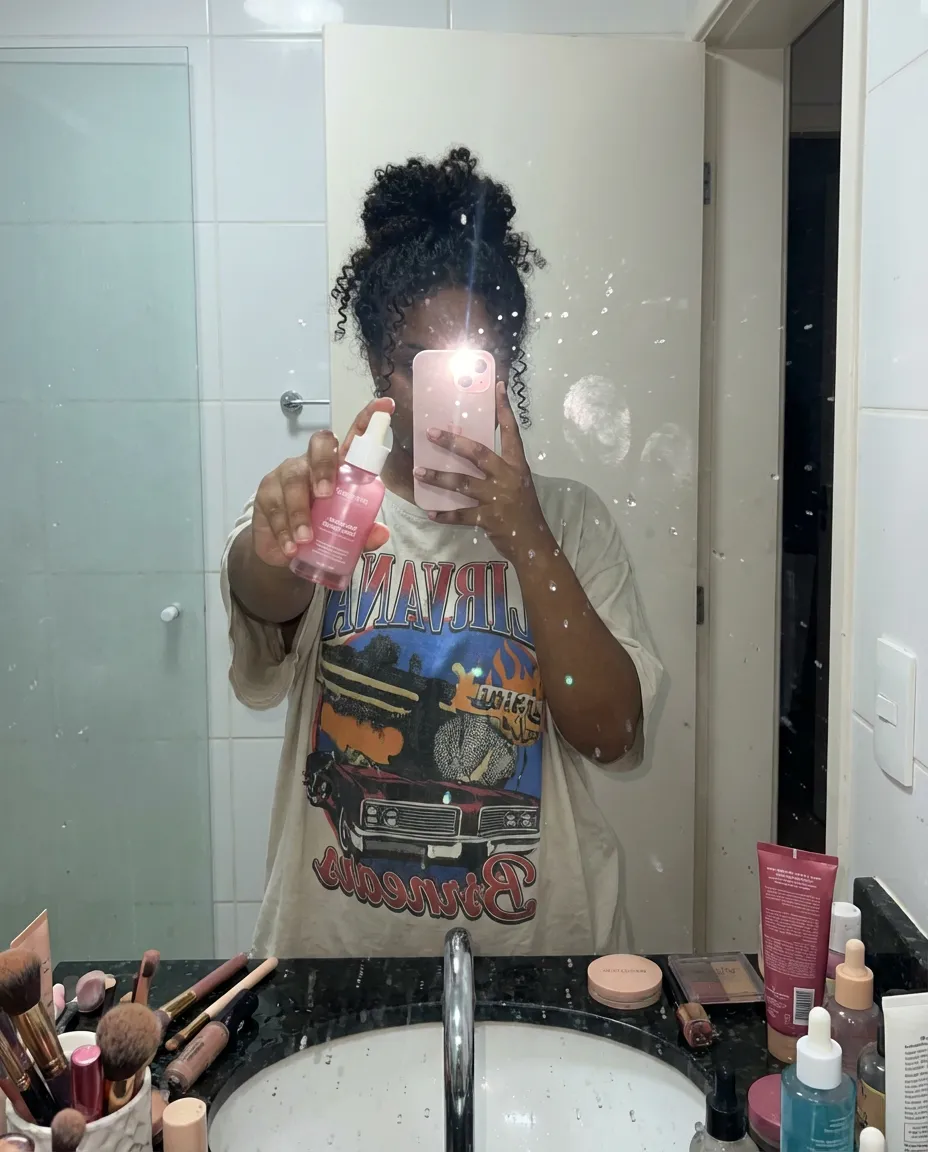 Gen Z Creator Holding Product in Messy Bathroom Selfie