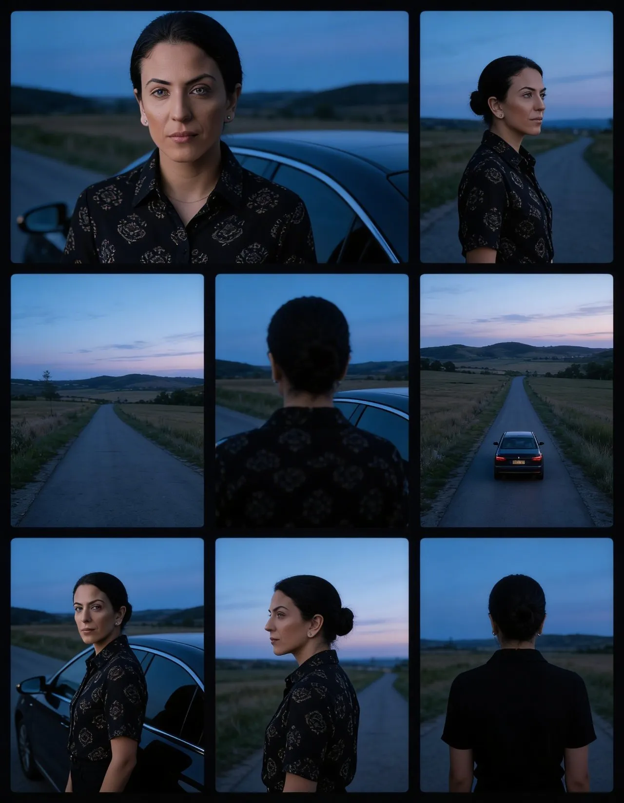 Cinematic 3x3 Film-Style Portrait Grid at Blue Hour