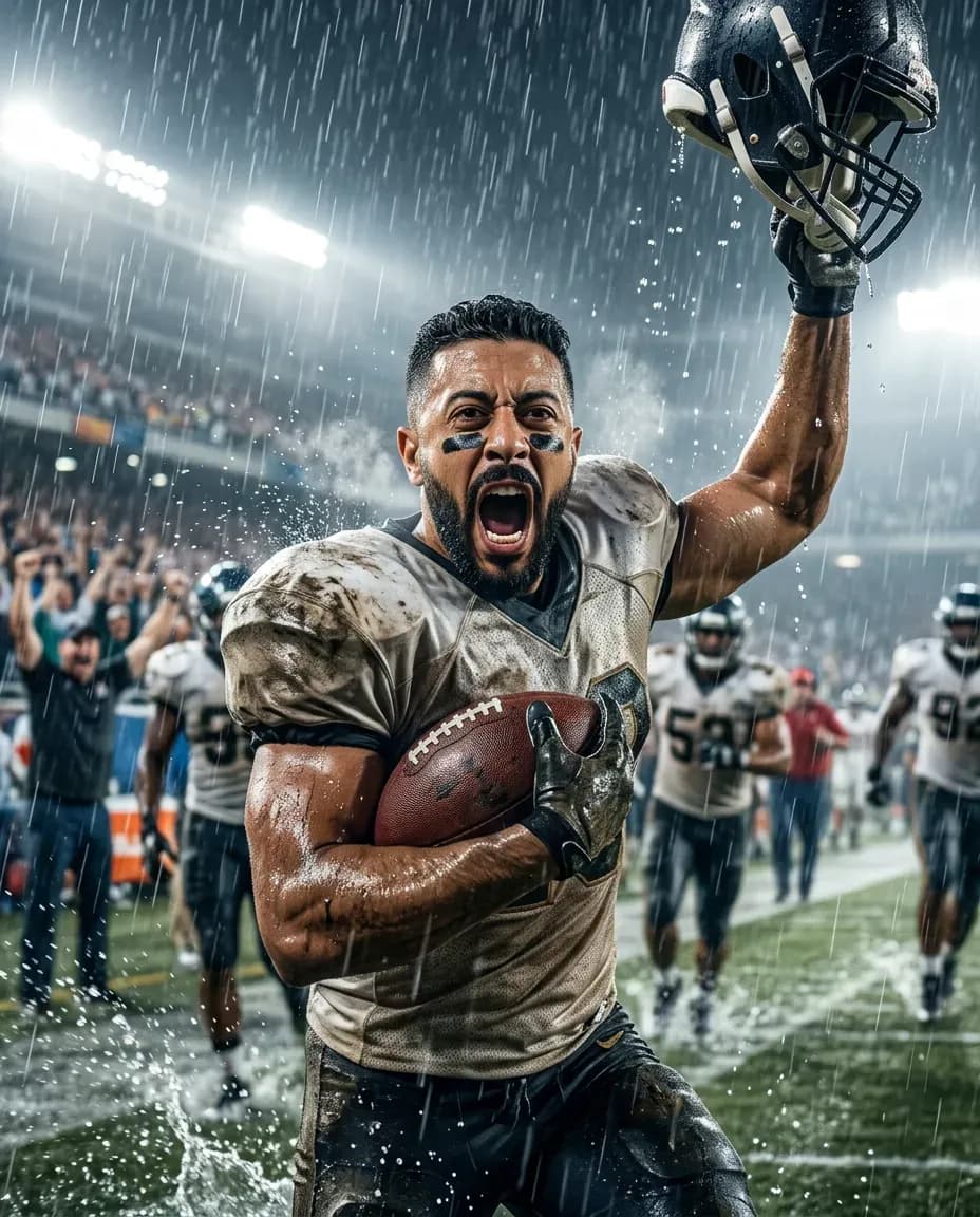 Cinematic Hyperreal Sports Portrait: Rain-Drenched Touchdown