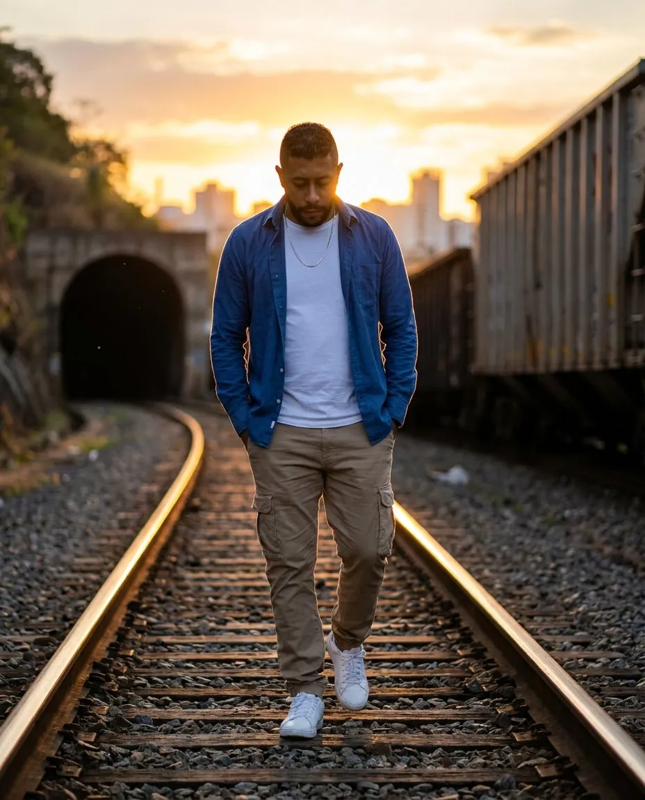 Cinematic Golden Hour Train-Track Full-Body Portrait Photography