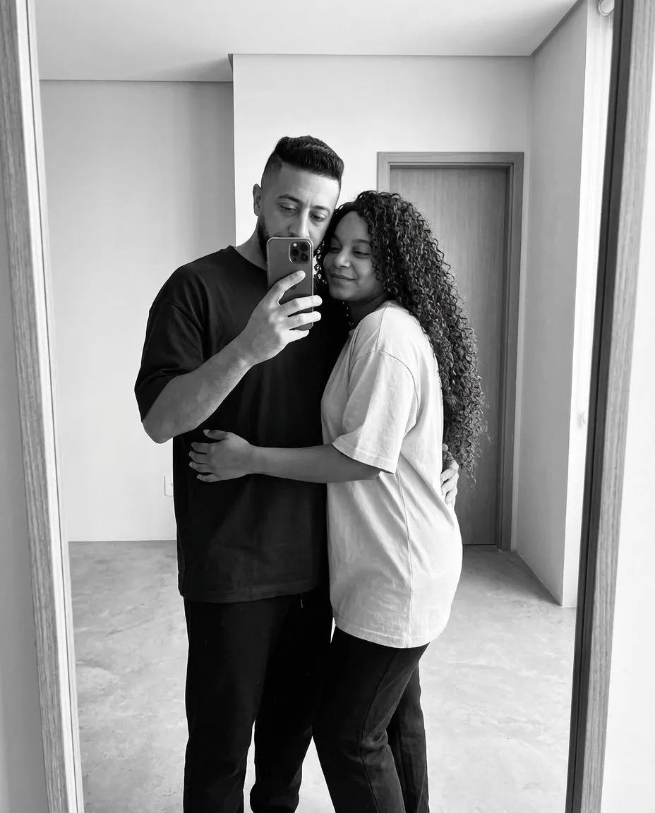 Cinematic Black and White Mirror Selfie Couple Portrait