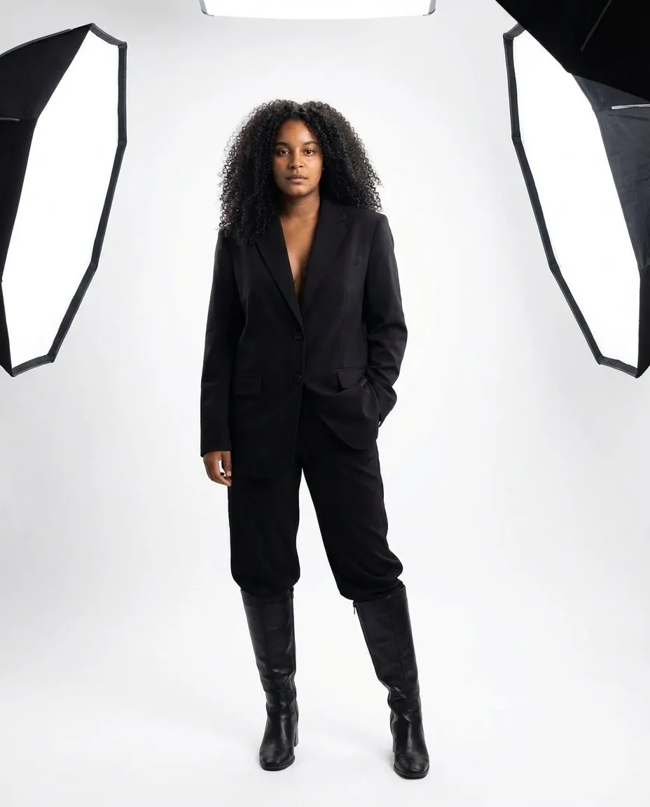 Editorial High-Fashion Full-Body Studio Portrait, Clean White