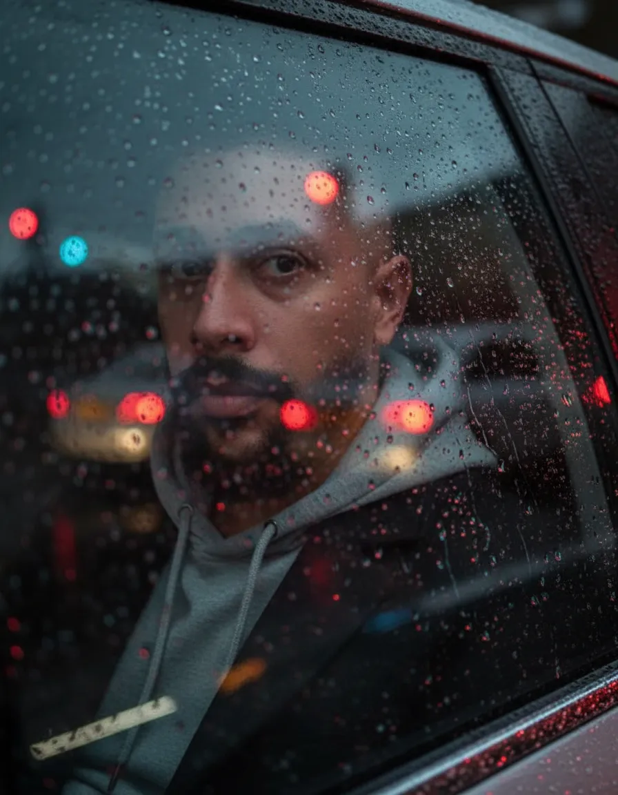 Ultra-Realistic Rain-Soaked Car Window Portrait
