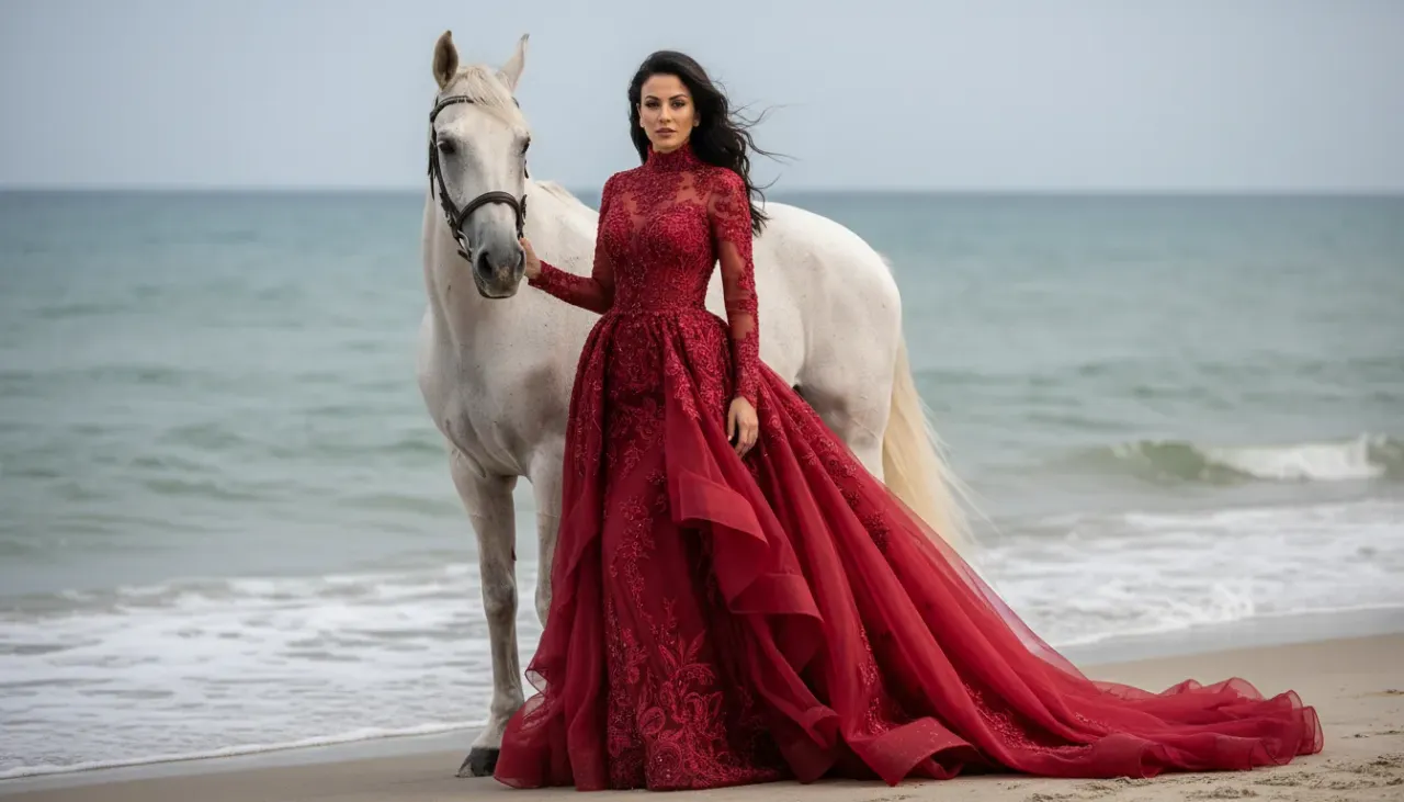 Cinematic Coastal Fashion Portrait with Horse