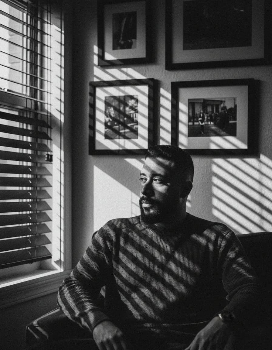 Black-and-White Artistic Indoor Portrait with Blinds Shadows