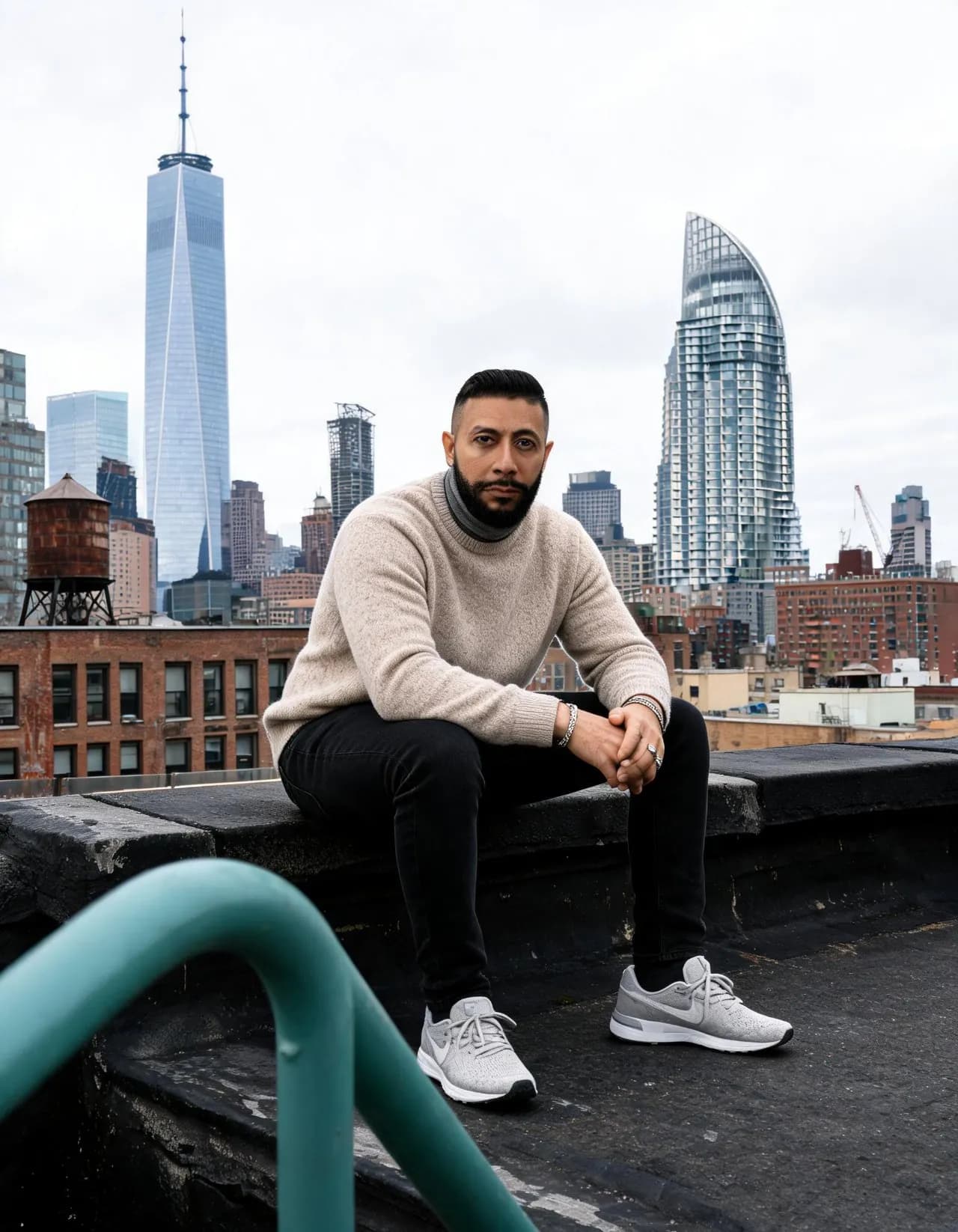 Hyper-Realistic Rooftop Portrait with NYC Skyline, Overcast Mood