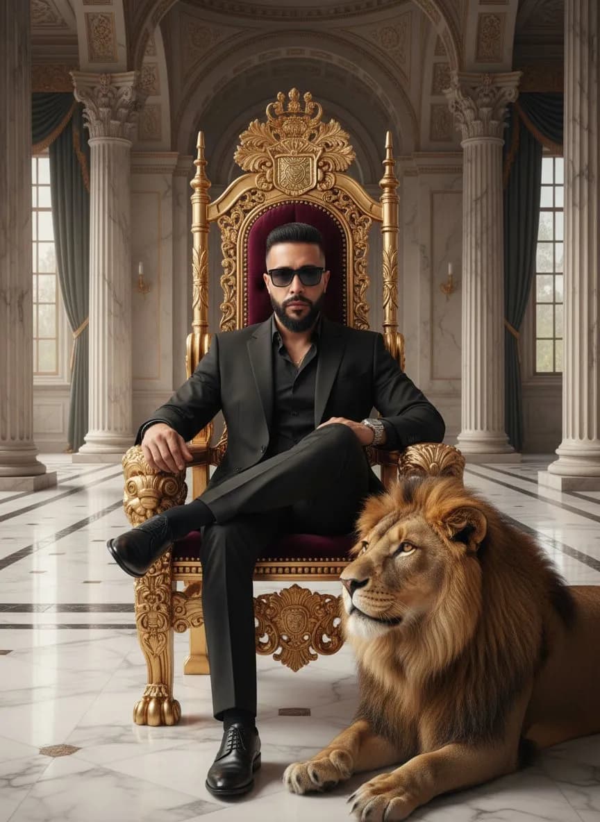 Regal Portrait with Lion and Golden Throne