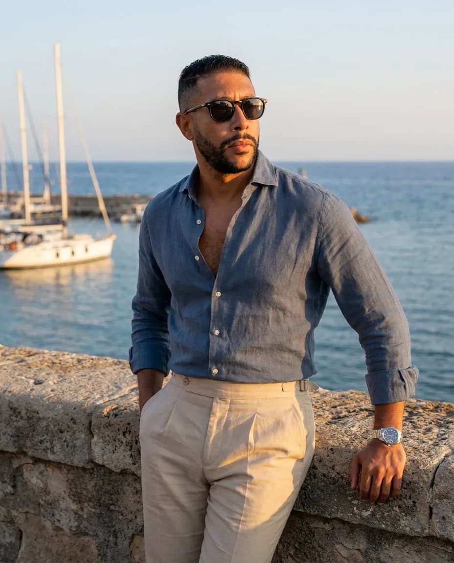 Mediterranean Golden-Hour Resort Portrait, Old-Money Editorial