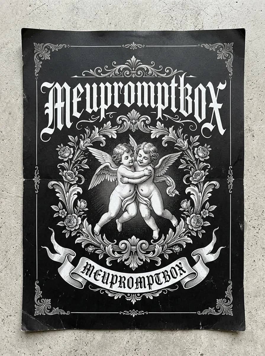 Gothic Cherub Engraving Poster with Ornate Blackletter Typography
