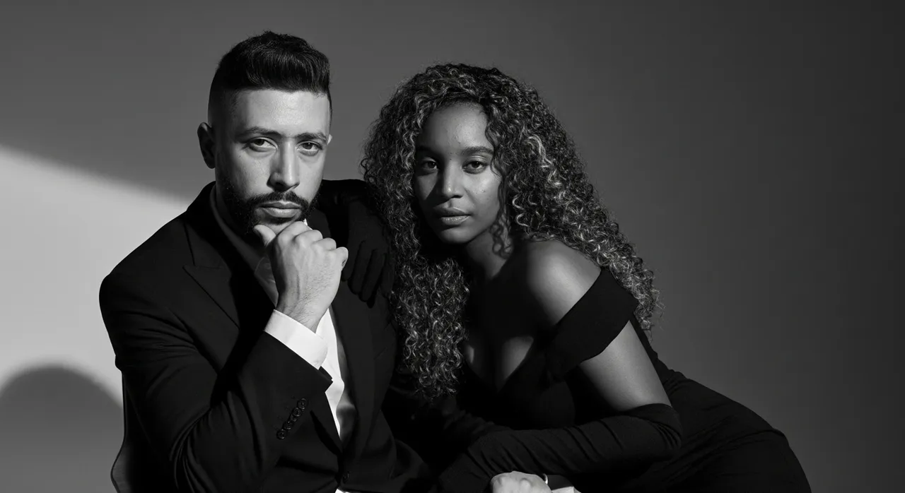 High-Fashion Black and White Editorial Couple Portrait Photography