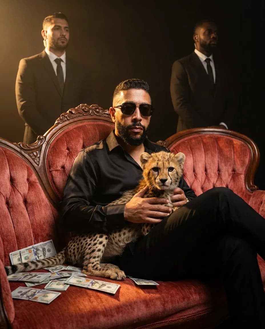 Cinematic Luxury Portrait of Stylish Man on Red Velvet Sofa