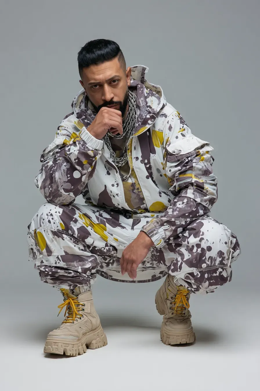 Avant-Garde Technical Streetwear Squat Portrait