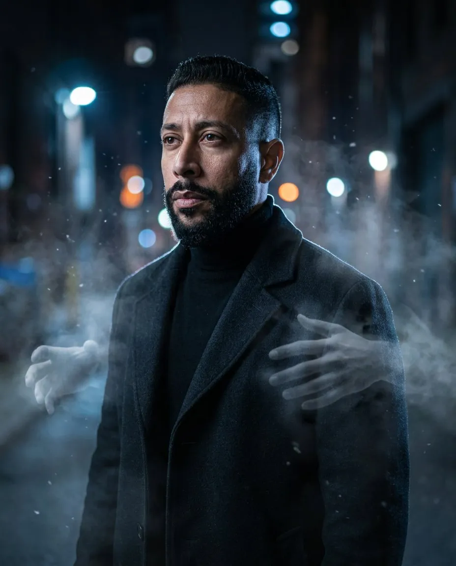 Nocturnal Cinematic Portrait with Ethereal Mist and Rim Lighting