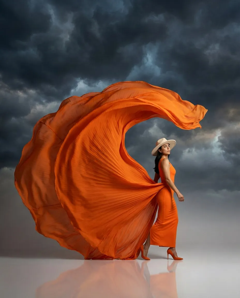 Dramatic Surreal Fashion Portrait with Flowing Orange Fabric