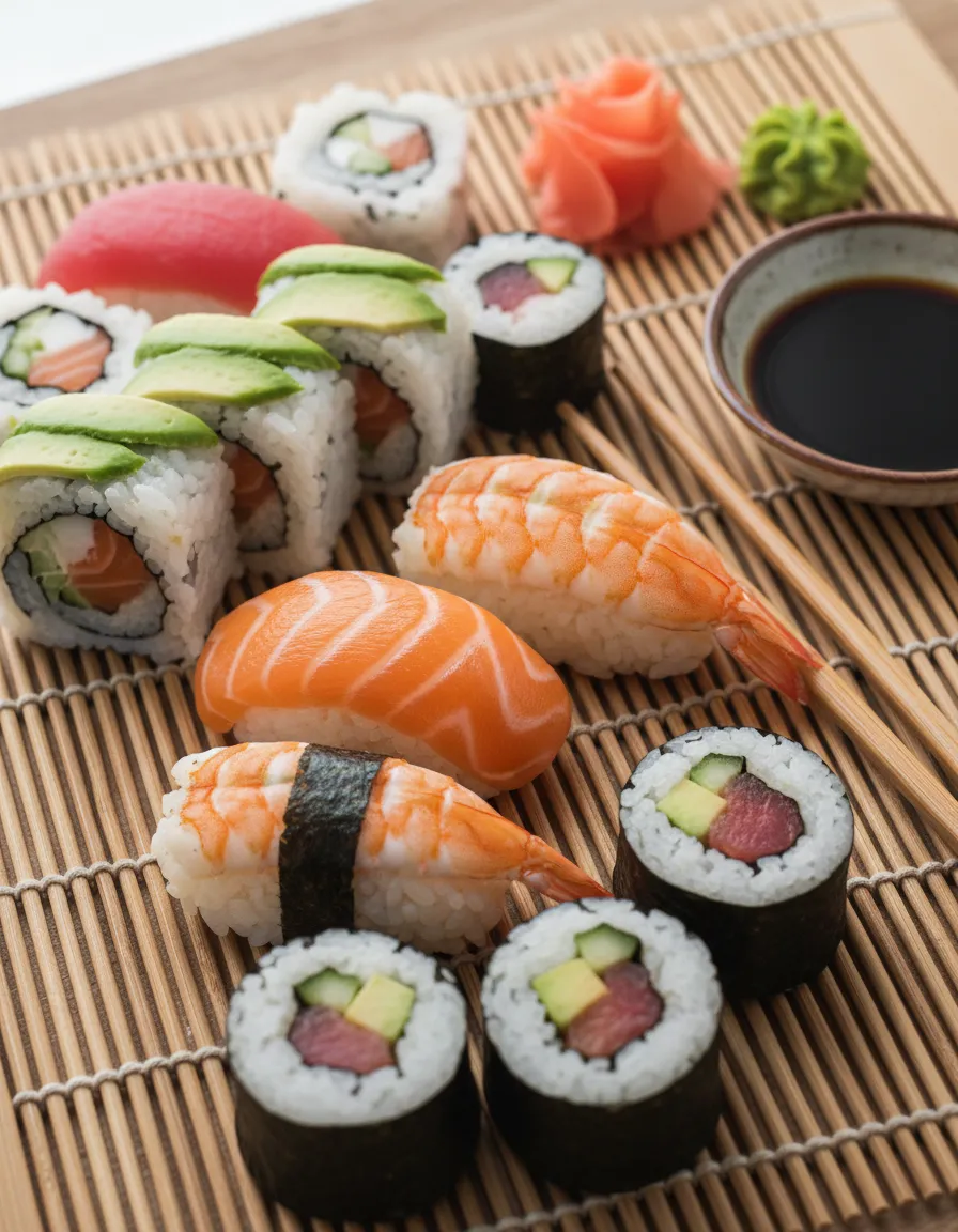 Bright Aerial Sushi Product Photography on Bamboo Mat
