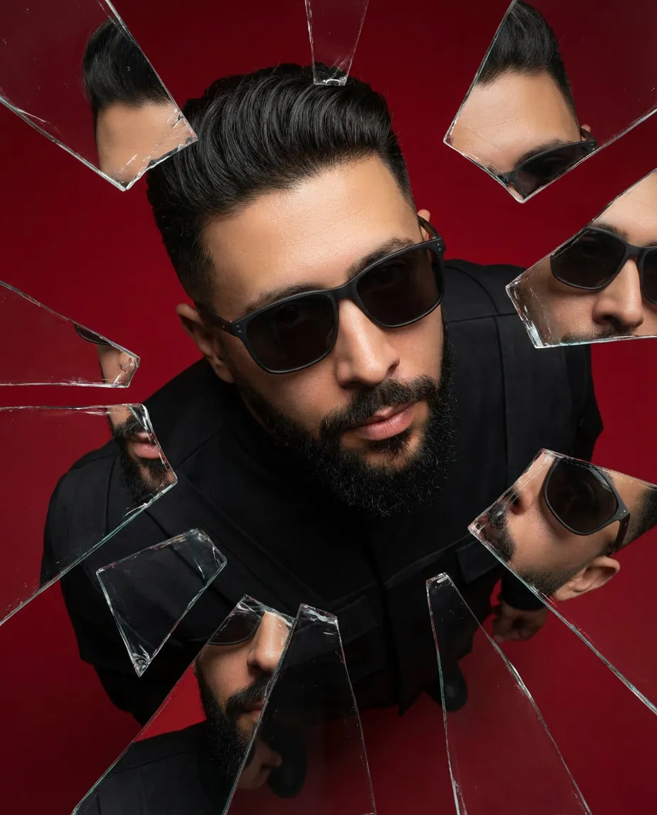 Top-Down Cinematic Shattered Glass Editorial Portrait