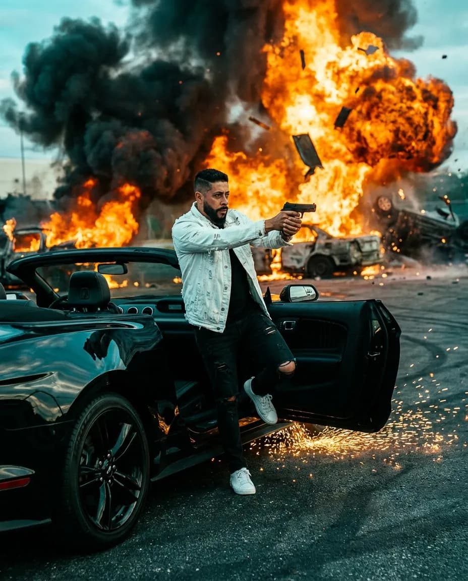 Cinematic Action Portrait with Drifting Convertible and Explosion