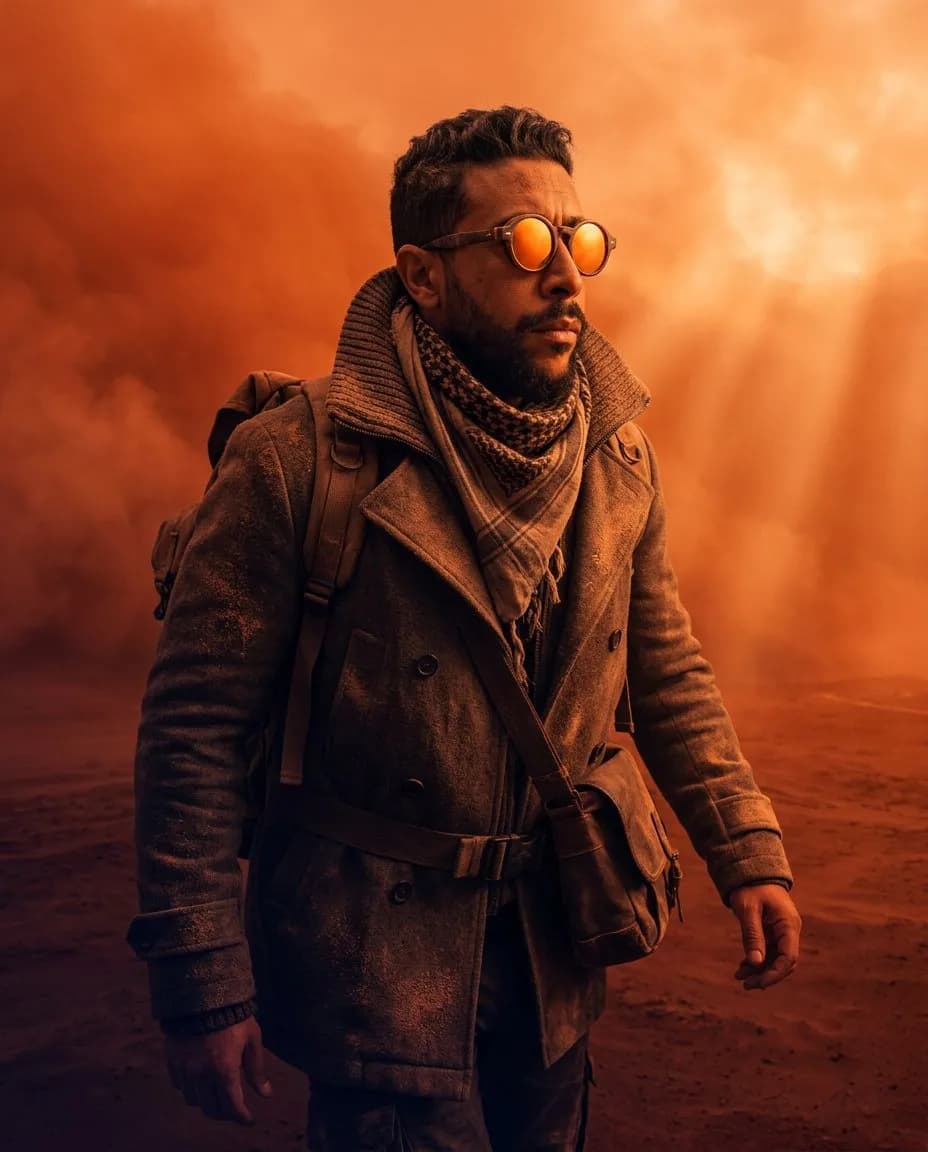 Dramatic Dust-Storm Portrait, Cinematic Desert Fashion Photography