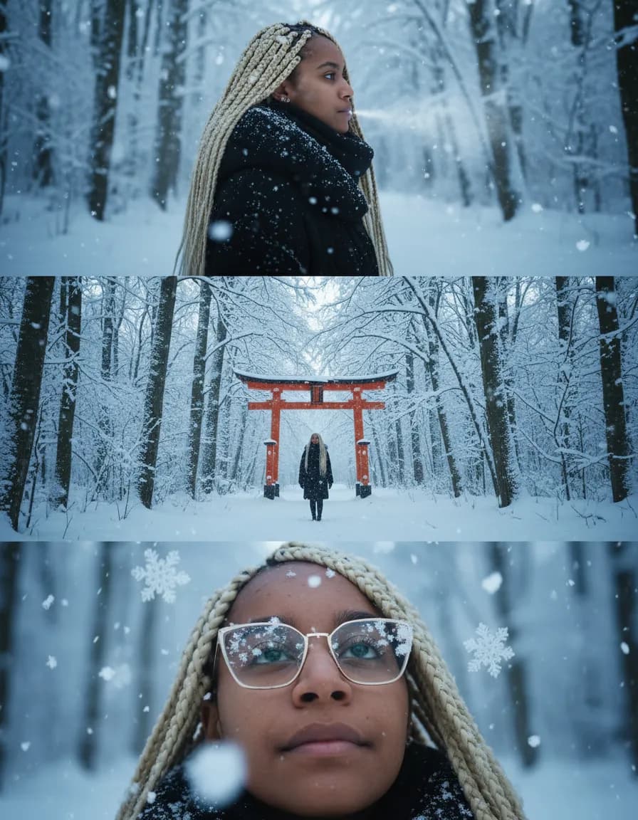 Cinematic Triple-Frame Winter Story Portrait