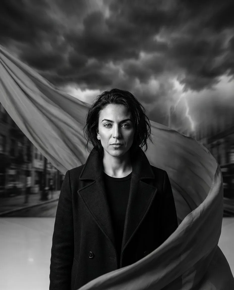 Cinematic Black-and-White Fashion Portrait with Dramatic Fabric