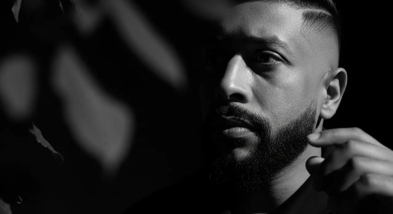 High-Contrast Black and White Portrait with Blurred Foreground