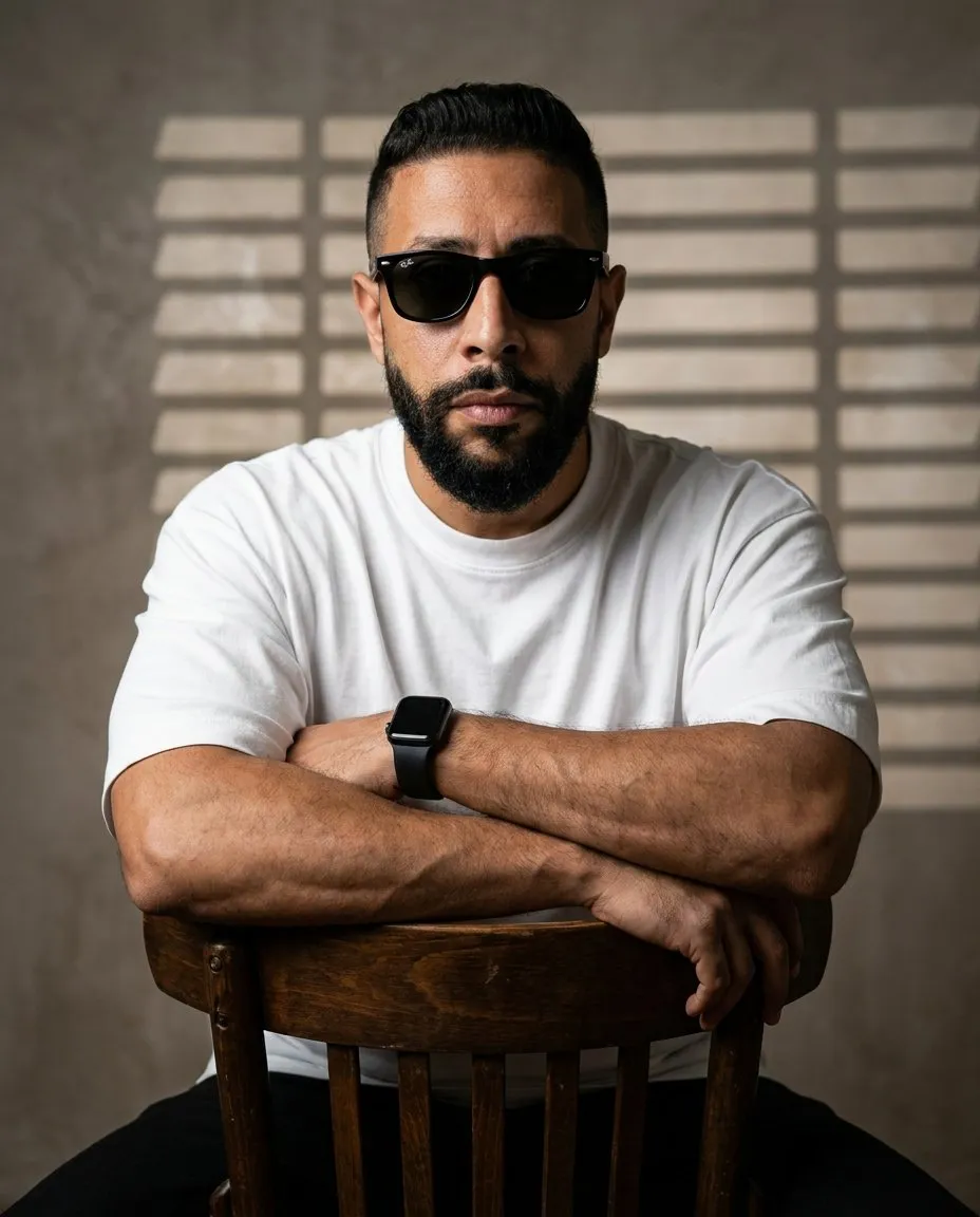 Cinematic High-Contrast Studio Portrait with Venetian Blinds