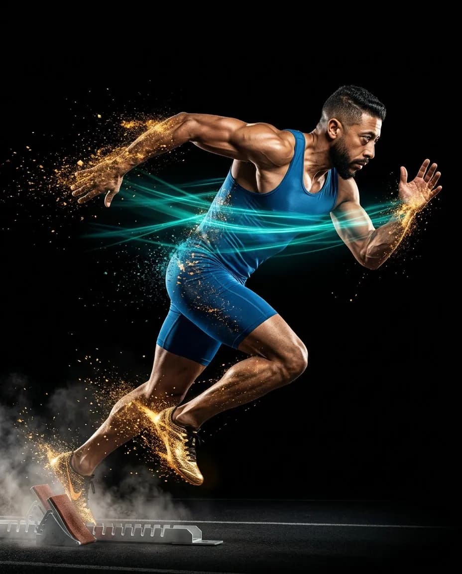 Cinematic Hyperreal Sprinter Action Shot with Energy Trails