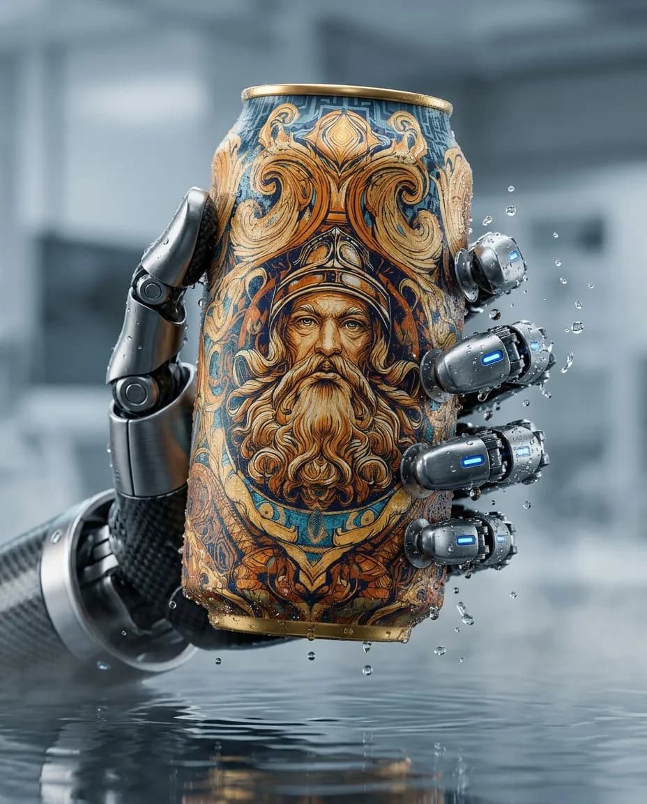 Cinematic Luxury Metallic Can Product Photography with Robotic Hand