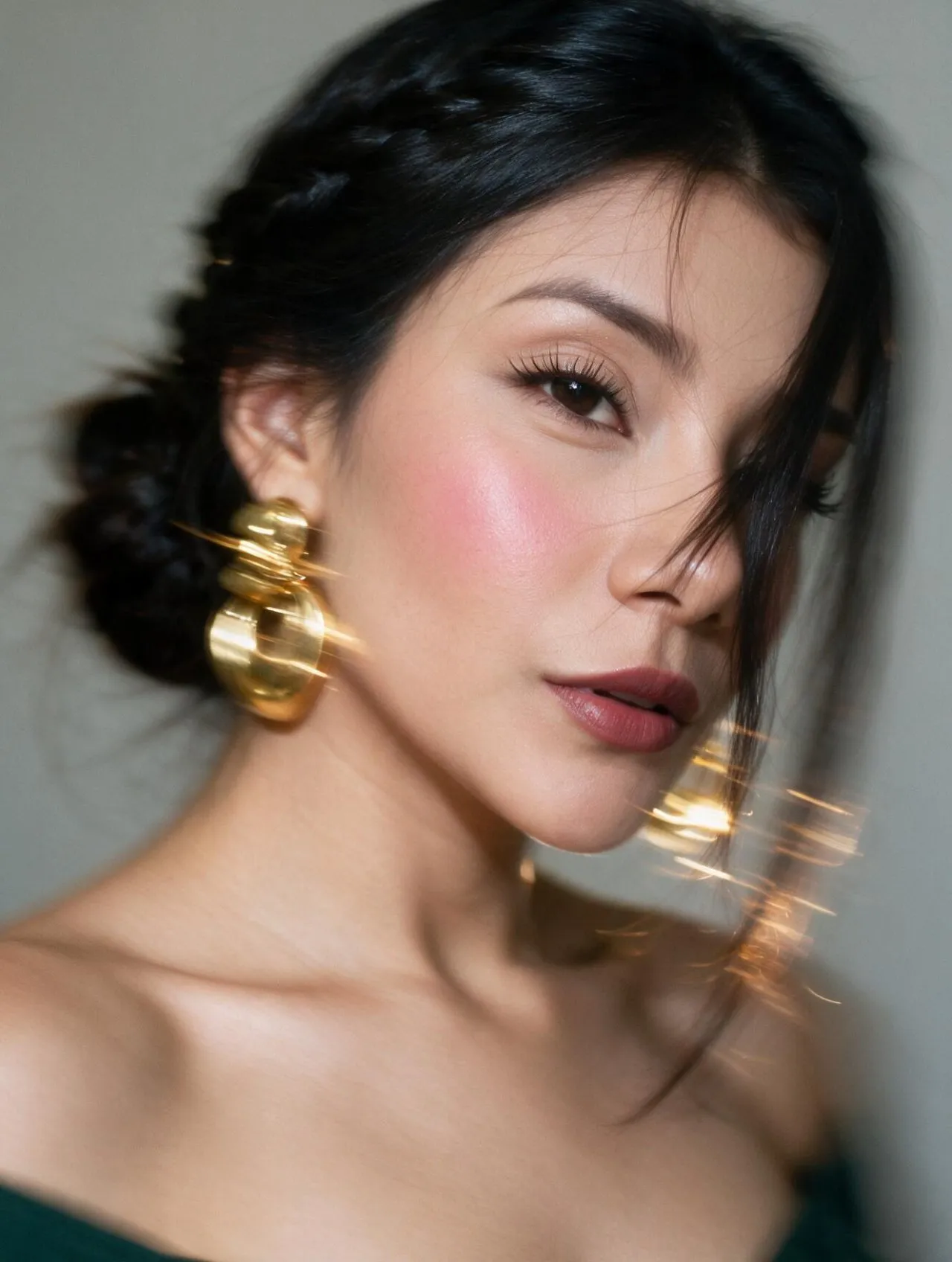 Artistic Motion-Blur Fashion Portrait, Warm Cinematic Close-Up