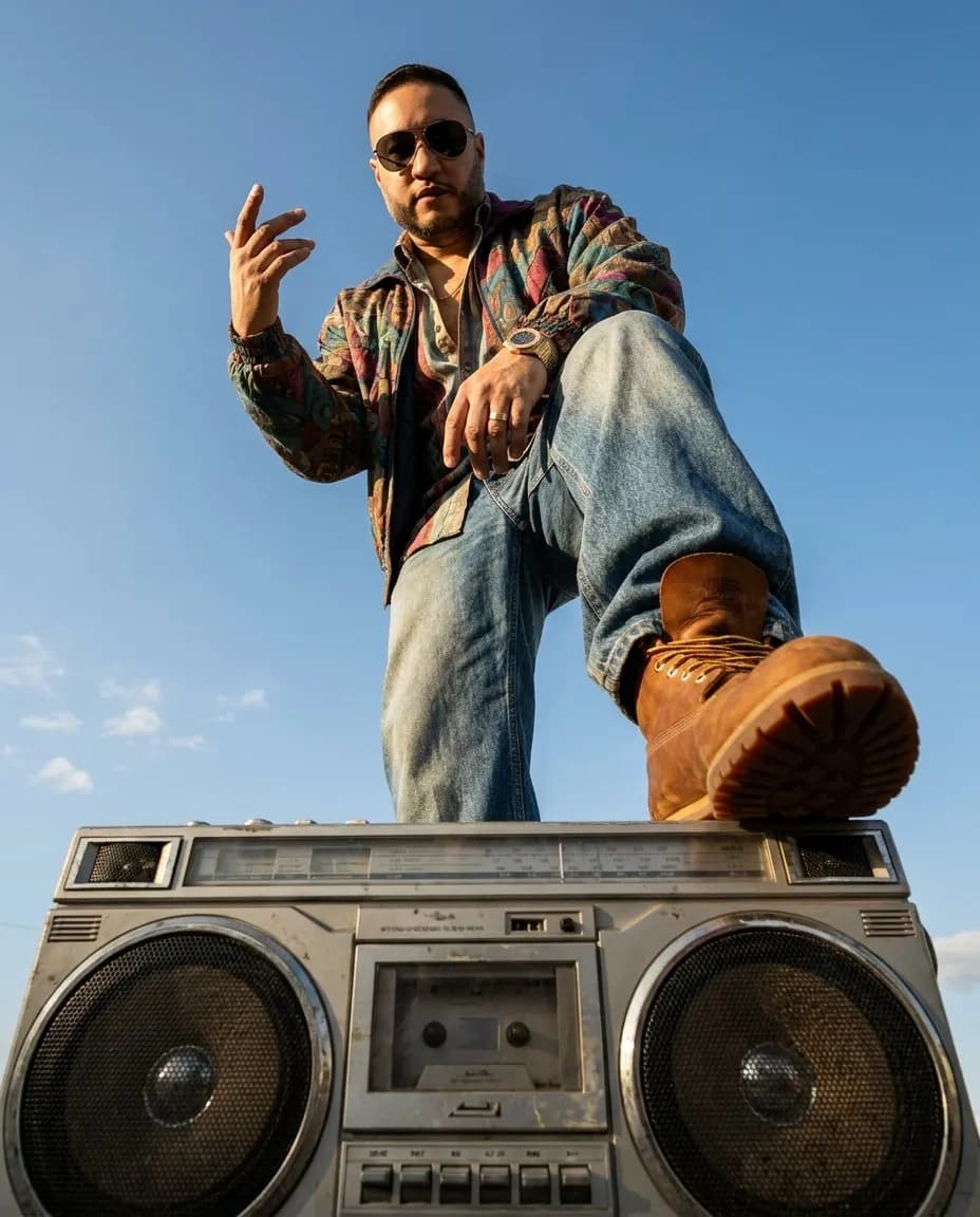 Cinematic Low-Angle Street Fashion Portrait with Vintage Boombox