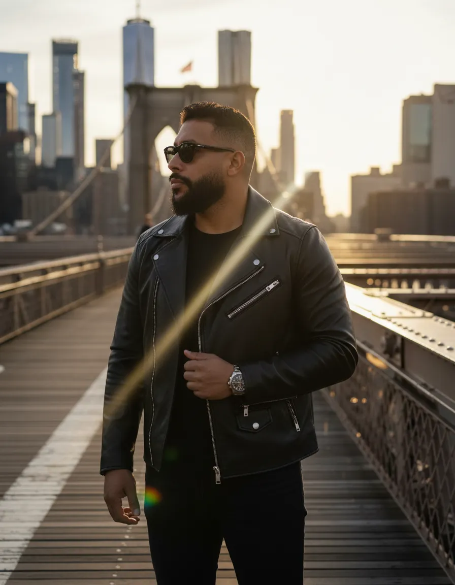 Ultra-Realistic Luxury Wanderer Male Fashion Portrait – Brooklyn Bridge Golden Hour