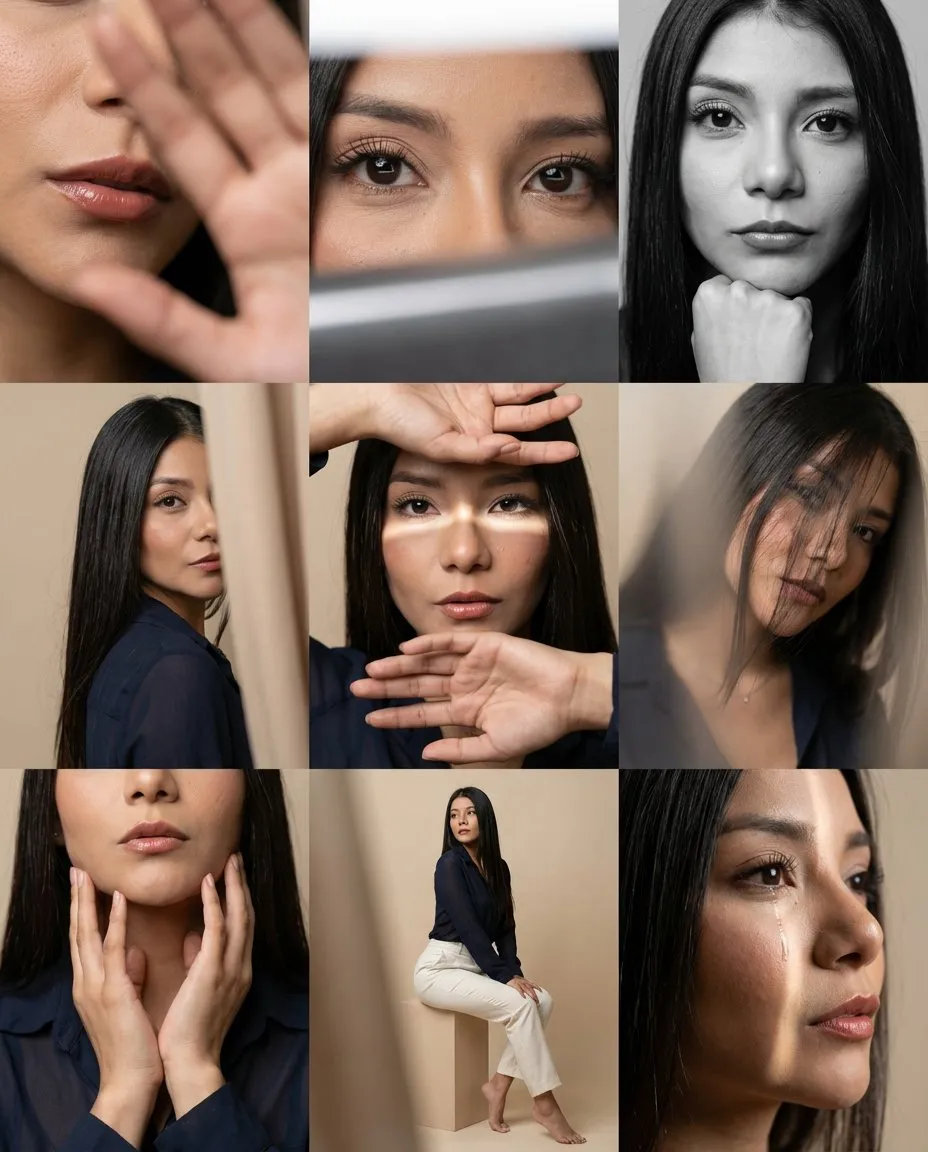 Intimate Editorial 3x3 Portrait Grid in Minimal Soft-Beige Studio
