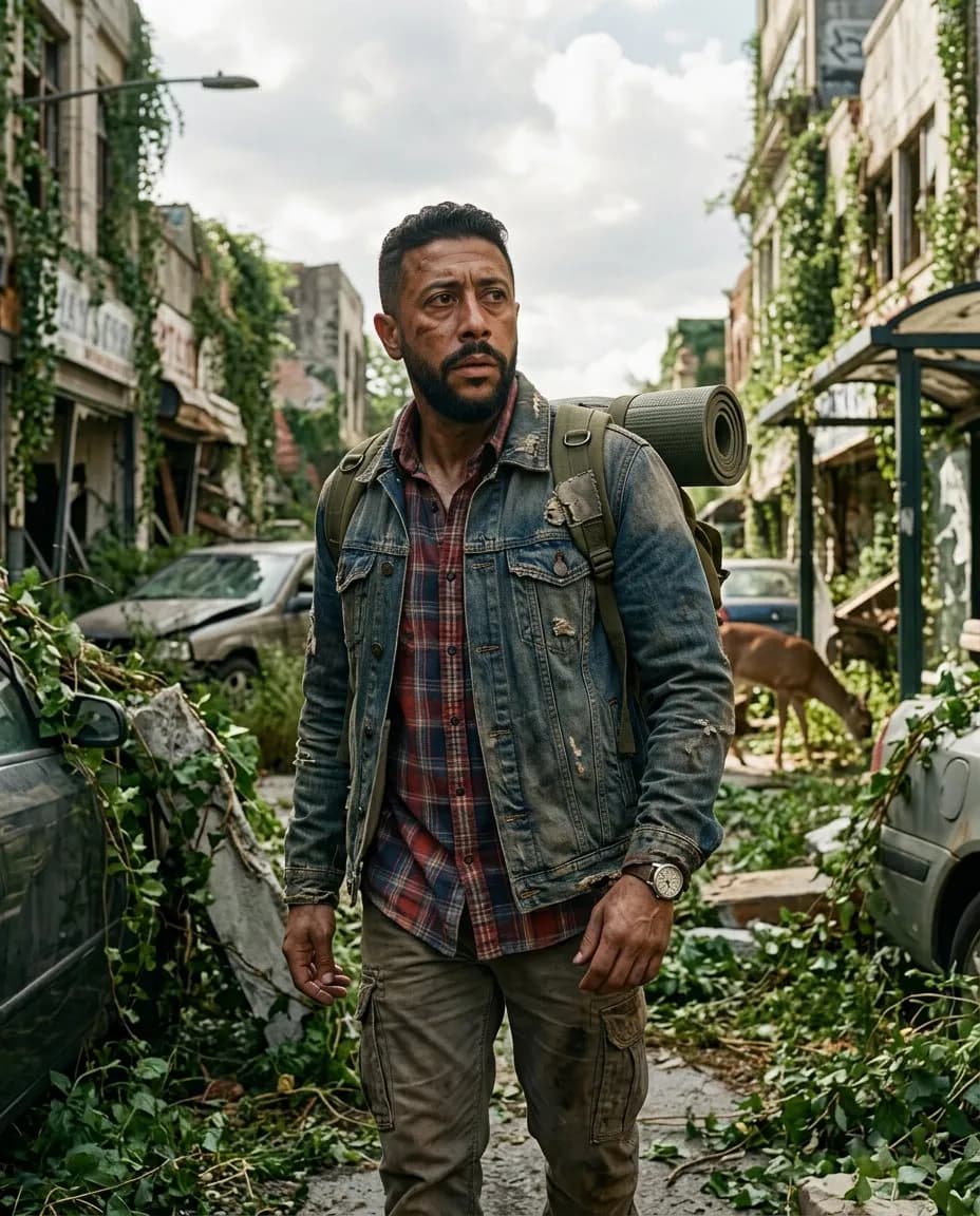 Rugged Male Wanderer in Abandoned Urban Landscape