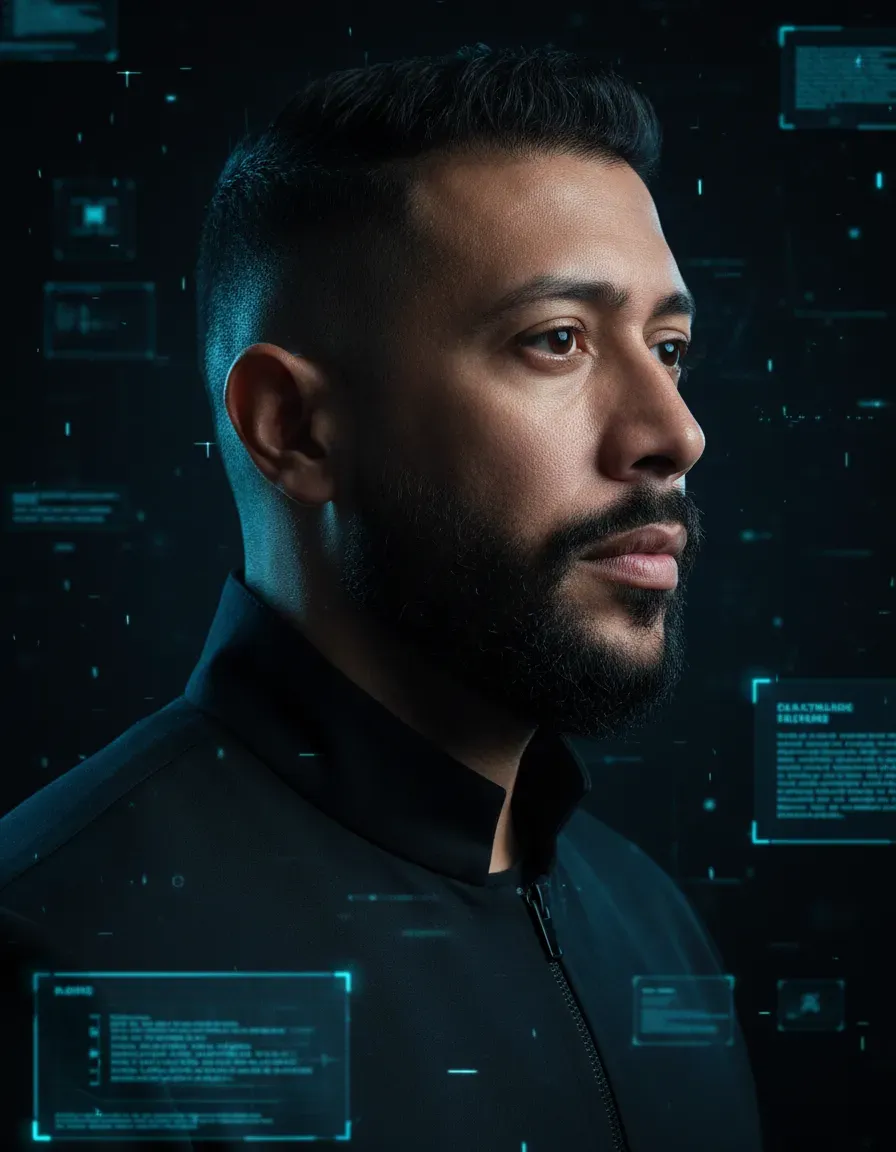 Futuristic AI Architect Editorial Portrait
