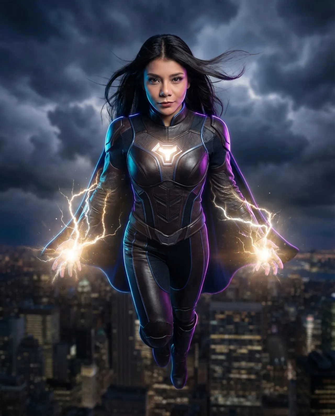 Photoreal Full-Body Superheroine Portrait with Cosmic Lighting