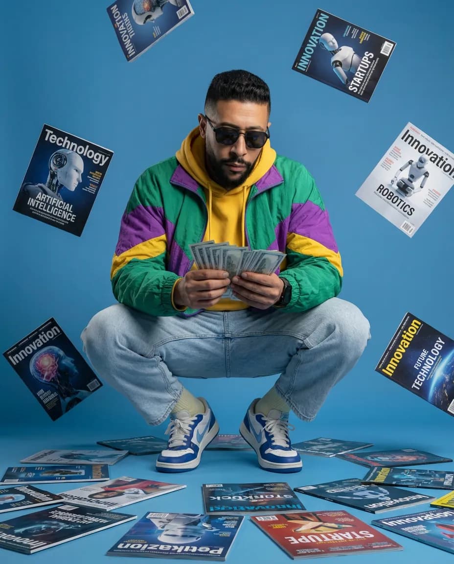 Studio Portrait of Person Counting Money with Tech Magazines