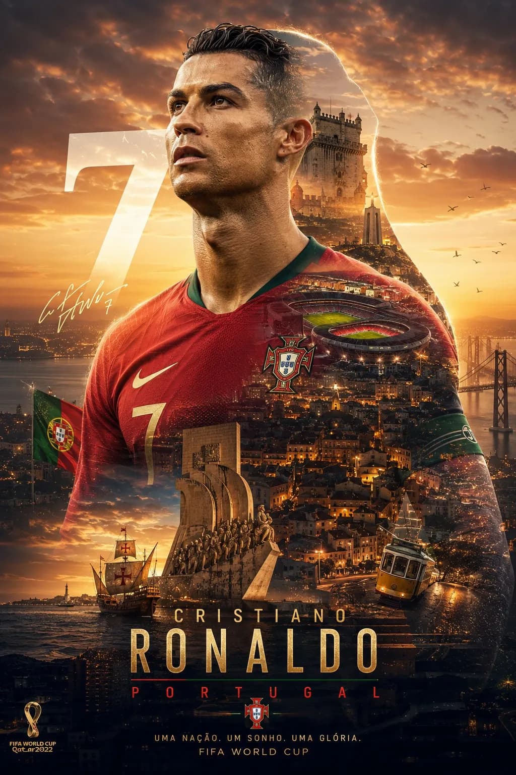 Epic Double-Exposure Football Poster with Legendary Player